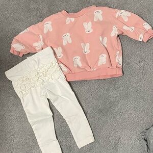 H&M Bunny Sweatshirt 9m & Unknown Brand of NWOT cream leggings 6-9m